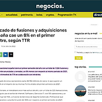 El mercado de fusiones y adquisiciones en Espaa cae un 8% en el primer semestre, segn TTR